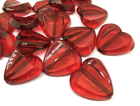 Maroon Faceted 32mm acrylic heart beads - chunky craft supplies for wire bangle or jewelry making, translucent heart jewelry Valentine's Day