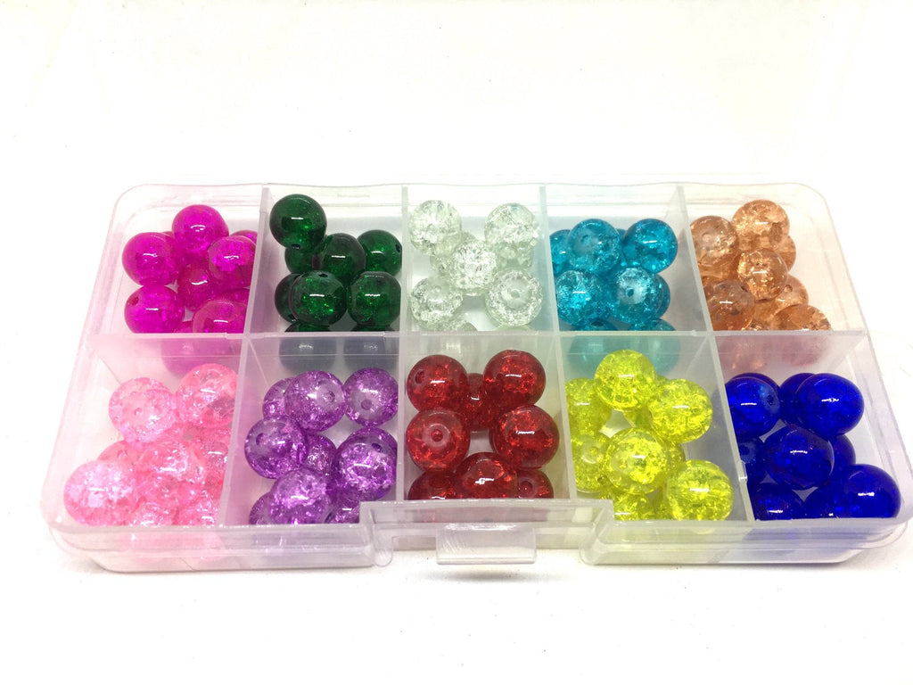Bead Kit, 10 color crackle bead set, 10mm crackle beads, bead organizer,  bead box, bangle beads, jewelry making, rainbow beads