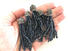 Midnight Beaded Tassels, navy tassels, rhinestone dipped black bead tassels, tassel necklace, tassel earrings, blue tassel, beaded jewelry