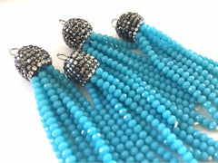 Caribbean Blue Beaded Tassels, blue tassels, rhinestone dipped blue bead tassels, tassel necklace, tassel earrings, blue tassel beaded jewel