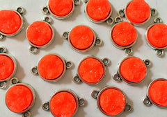 Neon Orange Druzy Beads with 2 Holes, Faux Druzy Connector Beads, orange druzy, druzy bracelet, druzy bangle, orange bracelet, silver