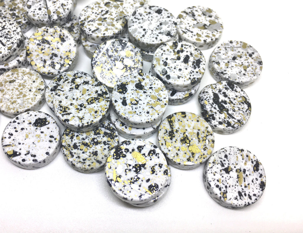 White Black Gold Beads, painted Beads, 20mm Beads, circular acrylic beads, bracelet necklace earrings, jewelry making, bangle beads, white