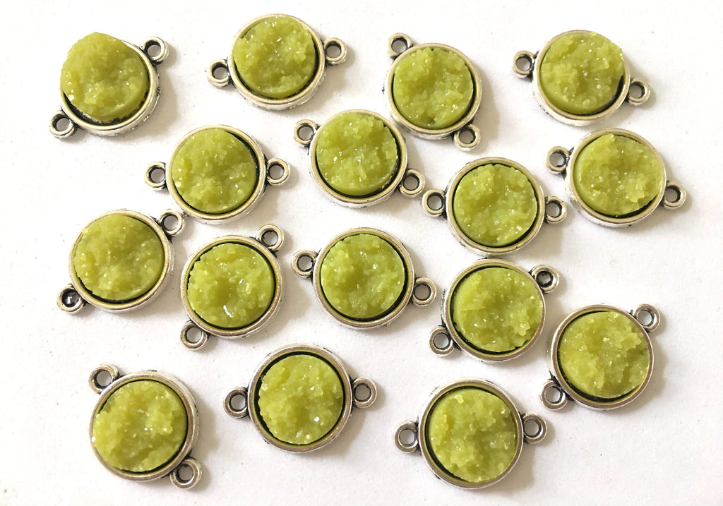 Olive Green Druzy Beads with 2 Holes, Faux Druzy Connector Beads, green druzy, druzy bracelet, druzy bangle, green bracelet, silver
