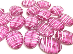 Dark Pink Puffed Oval 33mm beads, pink white beads, striped beads, translucent beads, craft supplies, wire bangle, jewelry making, dark pink