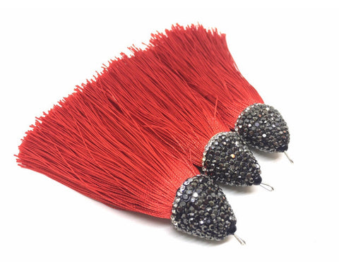 Tomato Red Tassels, tassel earrings, Bejeweled Tassels, 3.25 Inch 85mm Tassel, red jewelry, tassel necklace, red necklace, red silk tassel