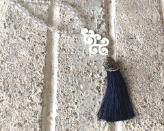 White Scroll Tassel Connector, Focal point for tassel necklaces, silver connector bead, 2 hole laser cut tassel bead, white long statement