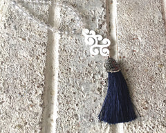 Scroll Tassel Connector, Focal point for tassel necklaces, silver connector bead, 2 hole laser cut tassel bead, white gold silver long state