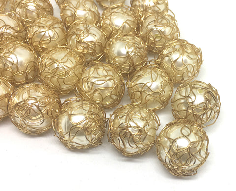 Wire Wrapped Cream 20mm Pearls beads with Gold Wrapping, large pearl beads, off white beads, gold beads, wire wrapped beads for bracelets