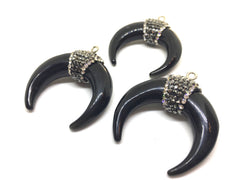 Crescent Shape Pendant, agate silver Horn Pendant, Rhinestone pendant necklace, long necklace, black bone necklace, horn pendant necklace