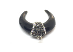 Crescent Shape Pendant, agate silver Horn Pendant, Rhinestone pendant necklace, long necklace, black bone necklace, horn pendant necklace