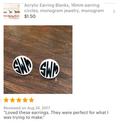 Acrylic Earring Blanks, 16mm earring circles, monogram jewelry, monogram earrings, acrylic blanks, circular earrings, acrylic circles, white