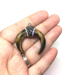 Tigers Eye Crescent Shape Pendant, agate silver Horn Pendant, Rhinestone pendant necklace, long necklace, brown necklace, horn pendant jewel
