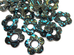 Black Flower Beads, 32mm black blue and gold, painted beads, bangle beads, flower beads jewelry, gold beads