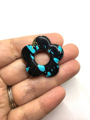 Black Flower Beads, 32mm black blue and gold, painted beads, bangle beads, flower beads jewelry, gold beads