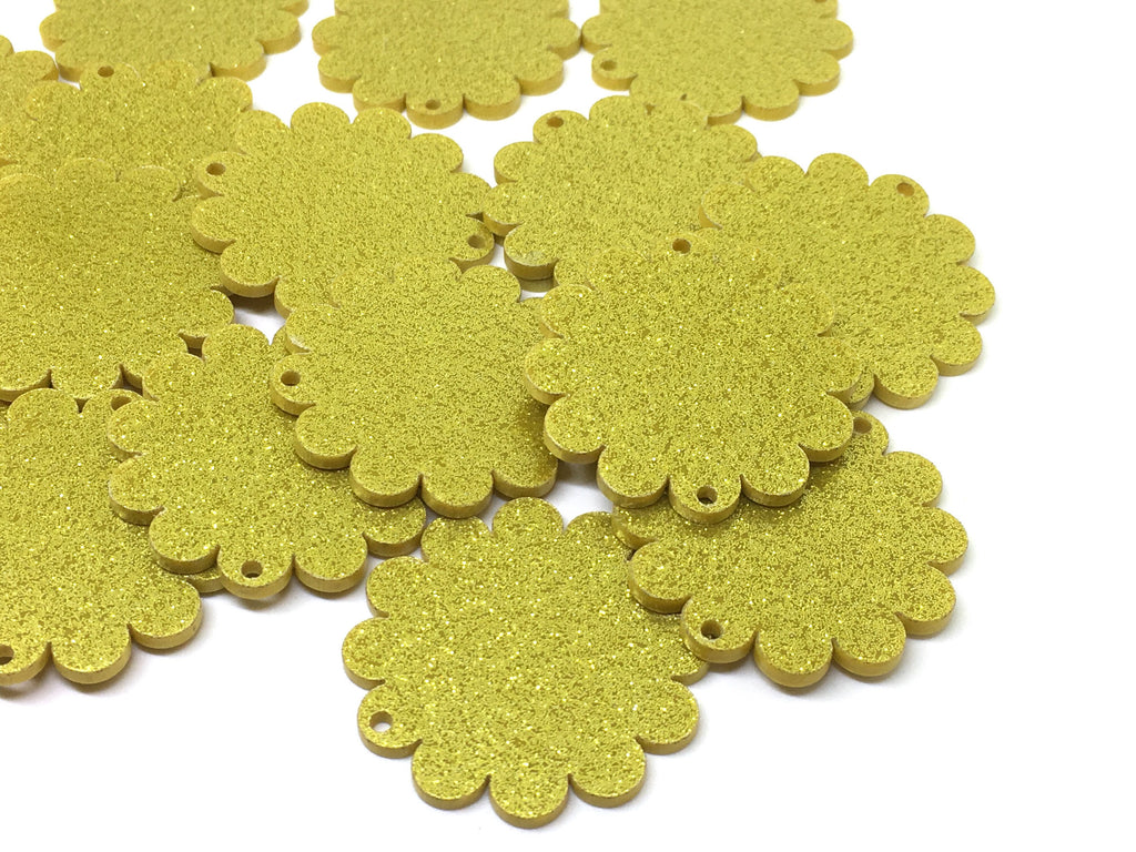 Gold Glitter 38mm Flower 2 Hole Acrylic Beads, Acrylic cut outs, acrylic blanks, Jewelry Making tassel Necklaces, wire bangle Bracelets