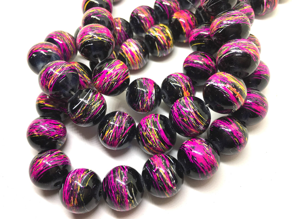 14mm Black and Pink Striped Beads, circular beads, round beads, painted black ball beads, jewelry statement chunky, pink beads, glass beads