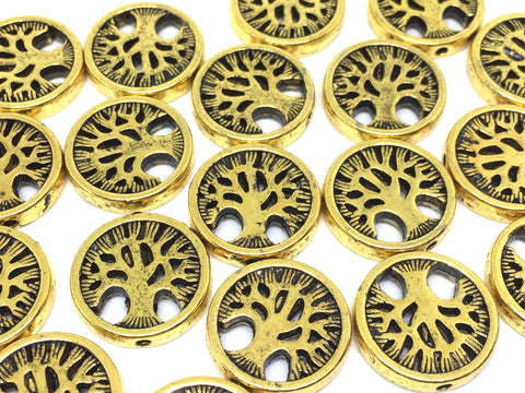 Gold Tree of Life Medallion beads, 18mm Beads, circular acrylic beads, bracelet necklace earrings, jewelry making, bangle beads, gold