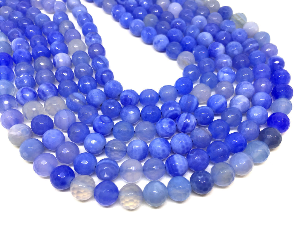 8mm blue and cream Agate faceted Glass round Beads, jewelry Making beads, Wire Bangles, long necklaces, tassel necklace, blue gems