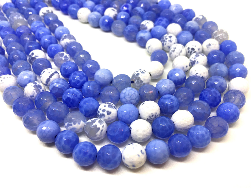 8mm White & Blue Agate faceted Glass round Beads, jewelry Making beads, Wire Bangles, long necklaces, tassel necklace, blue spotted gemstone