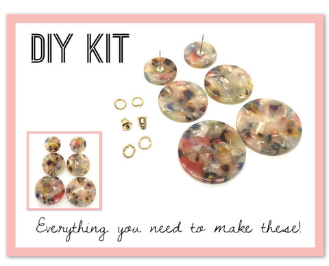 DIY Kit Rainbow Tortoise Shell Dangle Acrylic & gold, acrylic blanks, 3 round jewelry, resin earrings, lucite plastic blanks