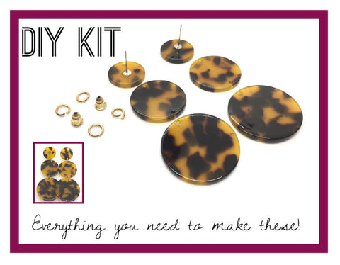 DIY Kit Tortoise Shell Dangle Acrylic & gold, acrylic blanks, 3 round jewelry, resin earrings, lucite plastic blanks, black brown earrings