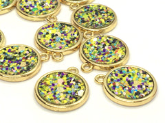 20mm round pendant with 1 hole, green & yellow rainbow necklace or earrings, glitter and gold circles, green earrings, drop simple earrings