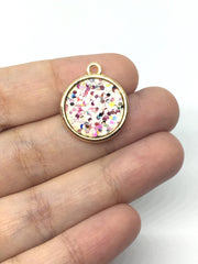 20mm round pendant with 1 hole, white & pink rainbow necklace or earrings, glitter and gold circles, pink earrings, drop simple earrings
