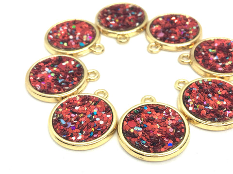 20mm round pendant with 1 hole, red & rainbow necklace or earrings, glitter and gold circles, red earrings, drop simple earrings