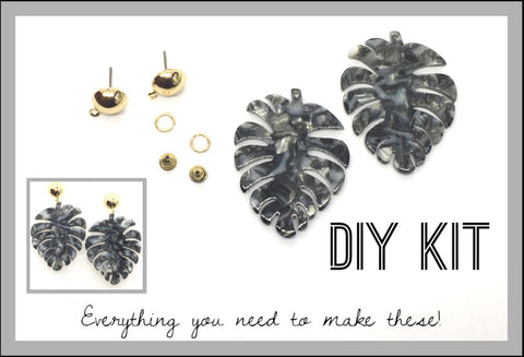 DIY Kit Gray Tortoise Shell Palm Leaf Acrylic & gold, acrylic blanks, palm tree leaves jewelry, resin earrings, lucite plastic blanks white