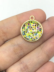 20mm round pendant with 1 hole, green & yellow rainbow necklace or earrings, glitter and gold circles, green earrings, drop simple earrings