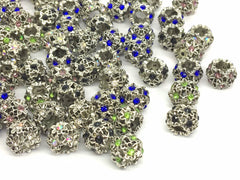 WHOLESALE Antique Silver Charm Beads, 12x10mm rhinestone crystal charms, large hole rondelle with flower, glass rhinestone connector charm