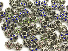 WHOLESALE Antique Silver Charm Beads, 12x10mm rhinestone crystal charms, large hole rondelle with flower, glass rhinestone connector charm