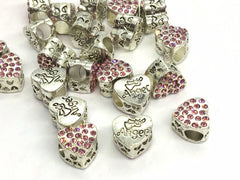 WHOLESALE Silver & pink angel Charm Beads, 11x11mm rhinestone crystal charms, large hole heart charm, glass rhinestone connector charm