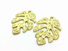Gold Metal Palm Leaf blanks, monstera earring bead jewelry making 30mm pierced earring 1 hole earring blanks, gold hammered necklace pendant
