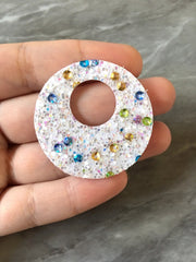 Glitter Round 42mm Circles, white jewelry DIY blanks, circles for earrings or necklace, round white earrings, geometric boho rhinestone