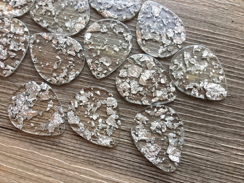 Silver Foil Paper set in Clear Resin Acrylic Blanks Cutout, earring bead jewelry making, 40mm circle jewelry, silver pendant teardrop