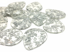 Silver Foil Paper set in Clear Resin Acrylic Blanks Cutout, earring bead jewelry making, 40mm circle jewelry, silver pendant teardrop