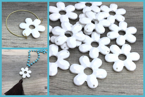 XL faceted white flower beads, FOUR hole beads with cut out center, tassel necklace beads, bracelet beads, 47mm beads, White beads