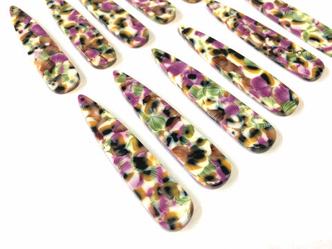 Purple orange Green FLORAL Tortoise Shell Beads, geometric shape acrylic 56mm Long Earring or Necklace pendant bead 1 one hole, flower earri