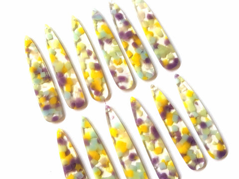 Purple Yellow Blue Confetti Alcohol Ink in Resin Beads, long skinny shape acrylic 56mm Long Earring Necklace pendant bead 1 one hole at top