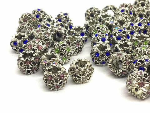 WHOLESALE Antique Silver Charm Beads, 12x10mm rhinestone crystal charms, large hole rondelle with flower, glass rhinestone connector charm