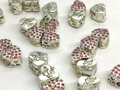 WHOLESALE Silver & pink angel Charm Beads, 11x11mm rhinestone crystal charms, large hole heart charm, glass rhinestone connector charm