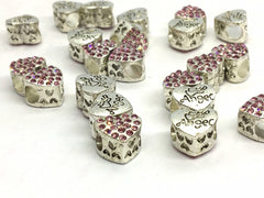 WHOLESALE Silver & pink angel Charm Beads, 11x11mm rhinestone crystal charms, large hole heart charm, glass rhinestone connector charm