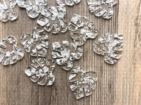 Silver Foil & Clear Resin Acrylic Blanks Cutout, monstera palm leaves leaf blanks, earring pendant jewelry making 31mm circle jewelry 1 hole