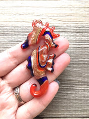 XL Red & Blue Seahorse Handmade Lampwork Blown Glass pendant, Grade A 2.75" x 1.5" glass bead long mandala necklace, glass necklace jewelry