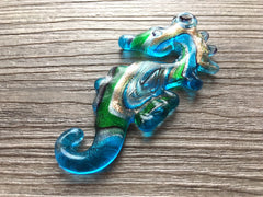 XL turquoise blue Seahorse Handmade Lampwork Blown Glass pendant, Grade A 2.75" x 1.5" glass bead long mandala necklace jewelry, ocean