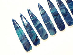 Blue & Green Waves Tortoise Shell Beads, long skinny acrylic 56mm drop Earring or Necklace pendant bead one hole at top, blue jewelry