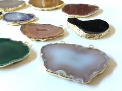 Gold Dipped Agate Slice 2 Holr Pendants, colorful agate stone necklace pendant, gold long statement necklace bead, agate jewelry