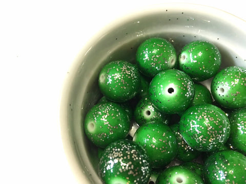 Green Glitter Sparkle beads, 20mm ball beads, green bubblegum beads, chunky ball girls statement necklace, dark green beads