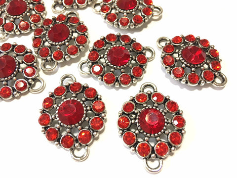 Red Crystal Rhinestone Glass Pendants, Flower Charm 2 holes, bracelet or necklace charm, connector bead, crystal glasss bead, rainbow charms